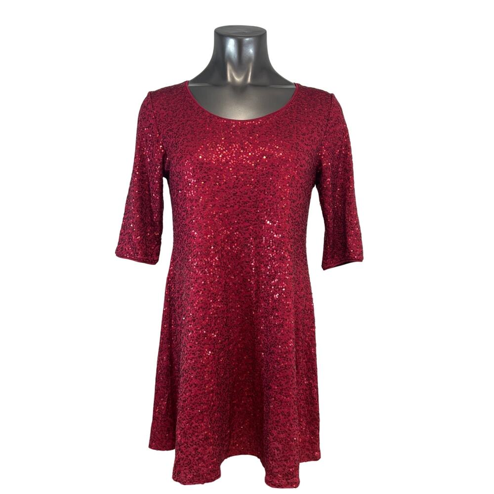 Eileen Fisher Sequin Shift Dress Scoop Neck 3/4 Sleeve Holiday Swing Size Small